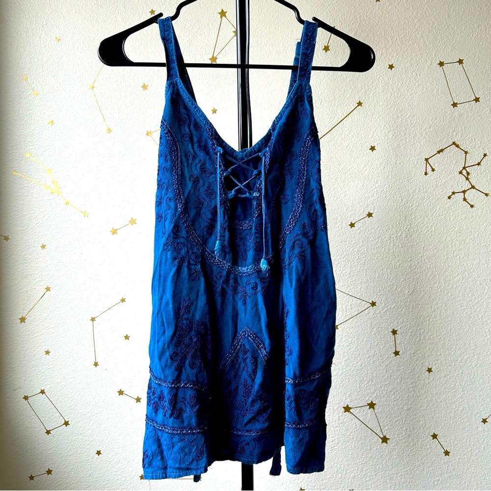 Vintage Advance Apparels Denim Tank Top w/Embroidery and String Ties